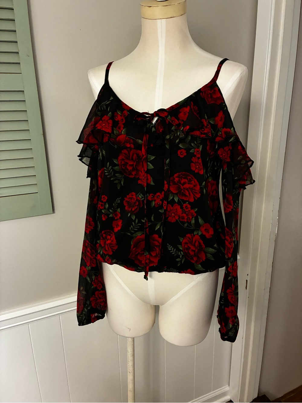 Disney COCO Black Cold-Shoulder Blouse with Red Rose Floral Print